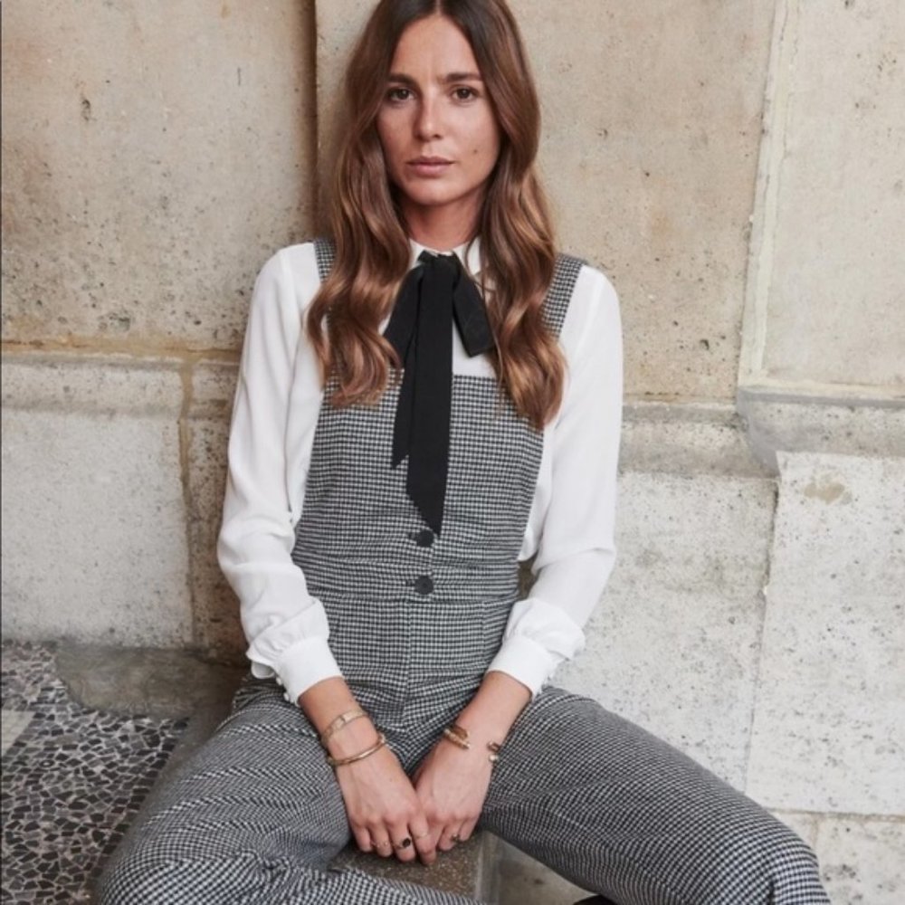 Sezane Ernest Jumpsuit Houndstooth Ecru/Noir Size 36 US 4